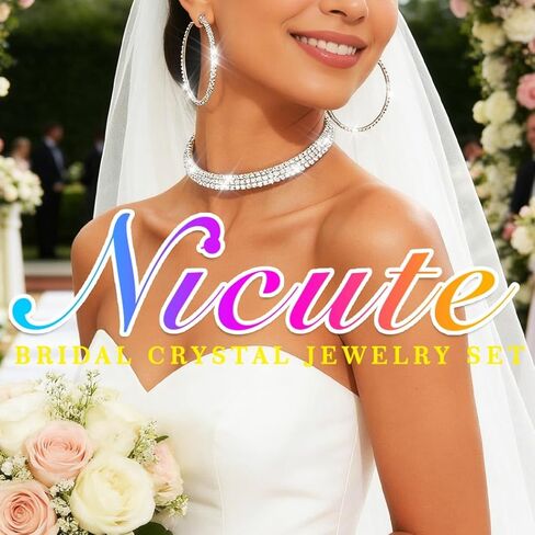Nicute Rhinestone Necklace Jewelry Set Silver Necklace and Hoop Earrings Crystal Wedding Choker Jewelry for Women in Saudi Arabia