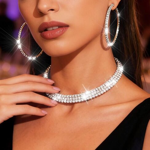 Nicute Rhinestone Necklace Jewelry Set Silver Necklace and Hoop Earrings Crystal Wedding Choker Jewelry for Women in Saudi Arabia