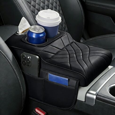 Center Console Cover for Car, Microfiber Leather Car Arm Rest Cover with 2 Cup Holders, Universal Car Accessories Interior, Black in Kuwait