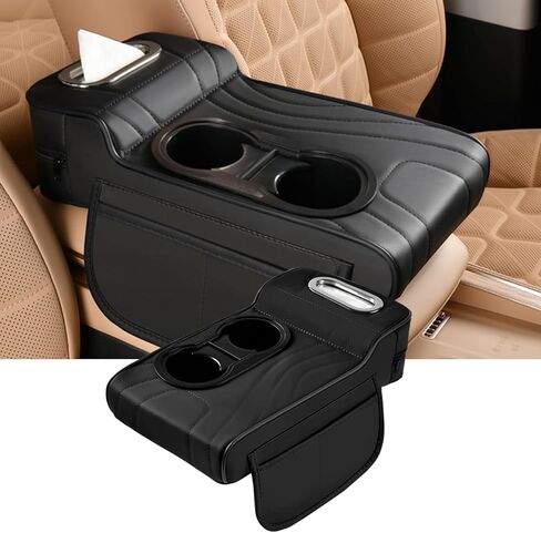 Center Console Cover for Car, Microfiber Leather Car Arm Rest Cover with 2 Cup Holders, Universal Car Accessories Interior, Black in Kuwait
