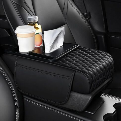 Center Console Cover for Car, Microfiber Leather Car Arm Rest Cover with 2 Cup Holders, Universal Car Accessories Interior, Black in Kuwait