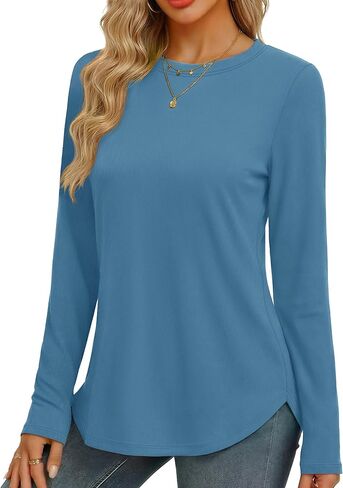 YUCOLEN Long Sleeve Shirts for Women Loose Fit Crewneck Side Split Curved Hem Basic Casual Tunic Tops to Wear with Legging in Saudi Arabia