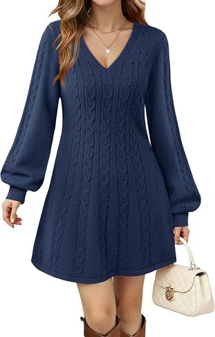 Women Lantern Sleeve Ribbed Knit Mini Dresses V Neck Fall Elegant A Line Sweater Dress in Kuwait