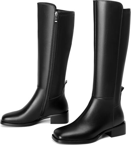 Women's Knee-High Boots, Faux Leather Elastic Boots Low Heel Square Toe, Side Zipper Tall Boots in Saudi Arabia