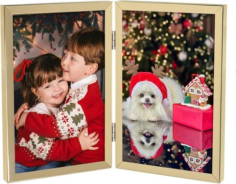 Golden State Art, Black 6x8 Hinged Double Metal Frame - Floating Effect for 5x7, 4x6 or any Smaller Photos with Real Glass for Protection - Elegant Desktop Decor for Home or Office in Saudi Arabia