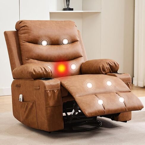 Recliner Chair Nursery, Oversized Manual Reclining Rocking Chair, 360 Swivel Glider with Cup Holder, Massage and Heat Recliner, Indoor Small Single Sofa Chairs for Adults, RV, Bedroom, Line Beige in Saudi Arabia