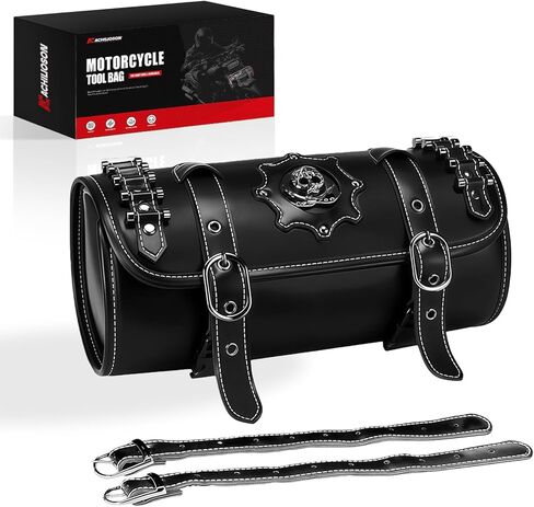 Motorcycle Tool Bag - PU Leather Front Fork & Handlebar Saddlebag with Skull Design, Waterproof Universal Fit for Harley Bikes (Round Skull Badge, 2 Mounting Straps). in Saudi Arabia