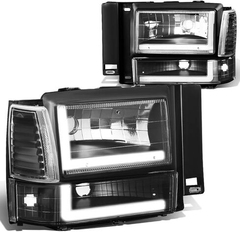 سلالة السيارات LED DRL DRL Assembly متوافق مع 1991-1994 Ford Explorer ، زوج من المصابيح الأمامية الهالوجين مع قضبان DRL LED على شكل C ، إشارة مصلحة ، مصابيح الزاوية ، الزاوية السوداء الصافية in Saudi Arabia