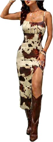 Verdusa Women's Boho Western Slit Thigh Cami Dress Cowgirl Bodycon Long Dresses in Saudi Arabia