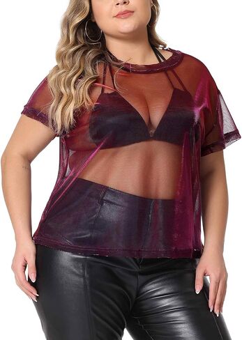 Agnes Orinda Plus Size Party Top for Women Sheer Mesh Holographic See Through Sexy Tops Blouse in Saudi Arabia