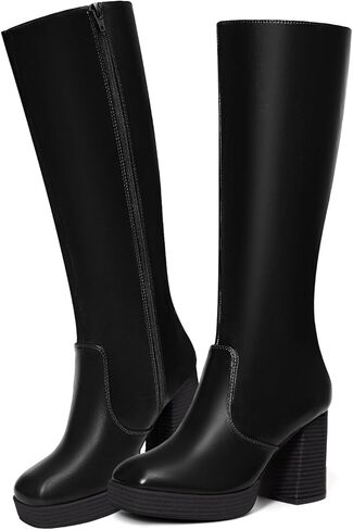 Coutgo Womens Platform Knee High Boots Chunky Block Heels Square Toe Tall Boots Side Zipper Fall Dress Shoes in Saudi Arabia