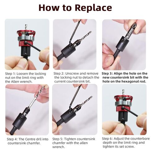 7-Piece Countersink Drill Bit Set with Aluminum Alloy Stop Collar, a Screwdriver Bit, 5 HSS M2 Tapered Bits and a Wrench, 1/4" Hex Shank Countersink Drill Bit for Woodworking in Saudi Arabia