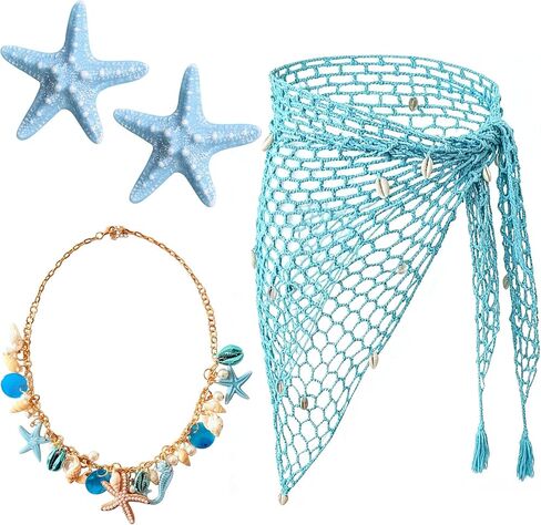 4 Pieces Mermaid Costume Accessories for Women, Beach Crochet Fishnet Skirt Sarong, Shell Necklace, and Starfish Hair Clips for Swimsuit Cover Up, Summer Luau Party, Cosplay, Halloween, One Size in Kuwait