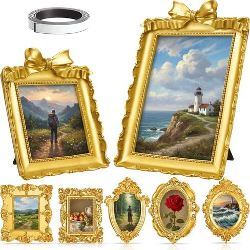 7 PCS إطارات صور راتنج عتيقة تعيين عتيقة الذهب المصغر إطارات الصور الباروكية الصغيرة مستطيل مزخرف لعرض الزفاف المنزل 4x4 ، 5x7inch (النمط الكلاسيكي) in Saudi Arabia