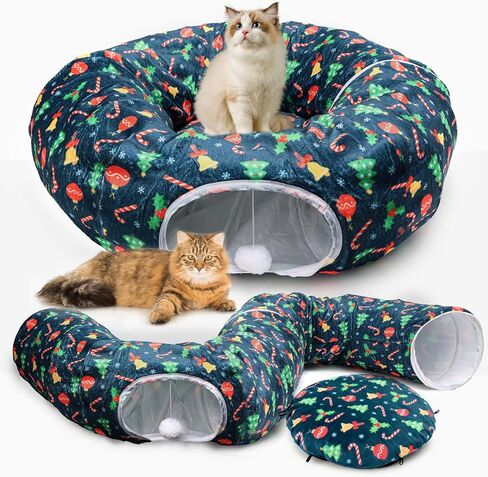 Christmas Cat Tunnel - Cat Proof Christmas Tree Skirt with Washable Cushion, Collapsible Cat Tunnel Bed for Kitten Puppy Rabbit in Kuwait