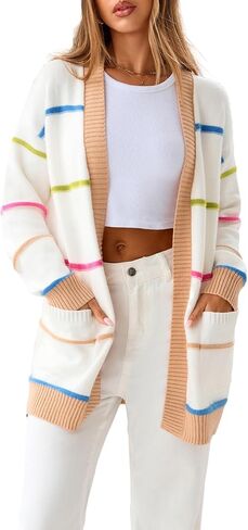 Sidefeel Women's Lightweight Cardigan Sweaters Open Front Long Sleeve Casual Striped Cardigans with Pockets in Saudi Arabia