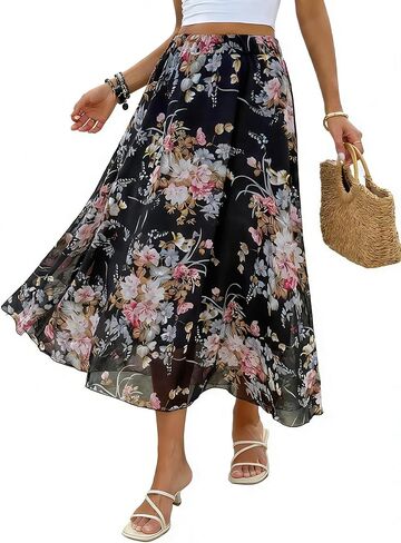 Floral Midi Skirt, High Waist A-Line, Navy Blue with Pink Flowers, Elastic Waistband in Saudi Arabia