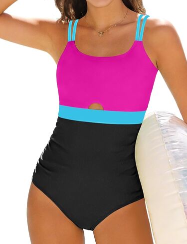 Qaoerde الفتيات ملابس السباحة قطعة واحدة ثوب السباحة كتلة اللون الخصر انقطاع مزدوجة رقيقة الكتف الأشرطة ملابس السباحة 9-16Y in Kuwait