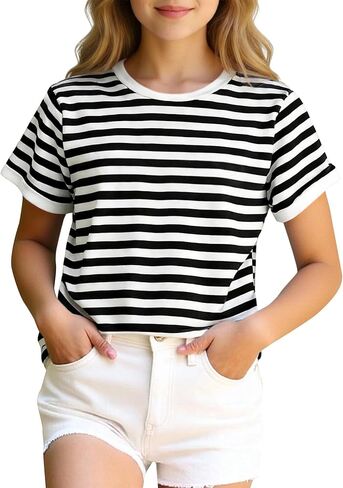 Girls Striped Shirt Graphic Tees Summer Cute Tops USA Short Sleeve Crewneck T Shirts in Kuwait