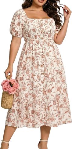 Plus Size Summer Dresses - Boho Casual Wedding Guest Midi Flowy Short Sleeves Smocked Button Down Dress for Curvy Women in Saudi Arabia