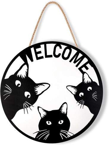 Black Cats Wooden Welcome Sign for Front Door, Round Hanging Sign Decor for Porch Home Garden Farmhouse Yard, Housewarming Gift for Cat Lovers Mom Dad Owner, Home Wall Decoration, 11.8x11.8 Inch in Saudi Arabia
