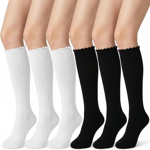 6 Pairs Women Ruffle Knee High Socks Turn Cuff Knit Breathable Cute Frilly Lettuce Dress Breathable Socks in Saudi Arabia