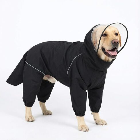 Dog Raincoat for Medium Large Dogs,rain Jacket Coat, Full Leg Coverage Waterproof Rain Suit with Detachable Hood & Tail, Reflective Strips, Snag-Free Top Zipper (Black for Boy, XX-Large) in Kuwait