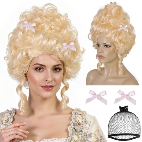 Platinum Blonde with 2 Bow Clips Colonial Victorian Wigs for Women Fluffy Baroque Renaissance Vintage Wig Rococo Wig Costume Outfit for Halloween Cosplay Party + Hair Cap in Saudi Arabia