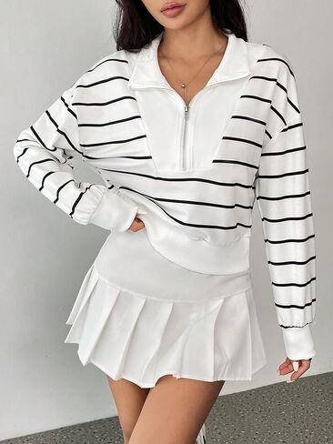 Half-Zip Striped Sweatshirt, White and Black, Long Sleeve in Saudi Arabia