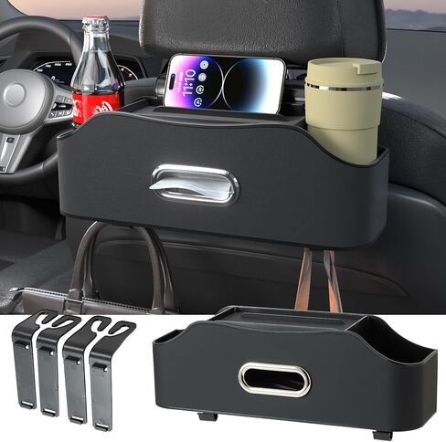 Car Rear Backseat Extra Multifunctional Drink Cup Holder with Tissue Storage Box Organizer & Hooks for Auto Seat Back - Travel Accessories. Black in Kuwait