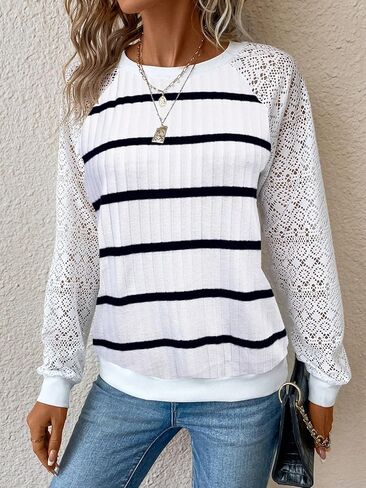 Women's Long Sleeved Round Neck Sweatshirt With Striped and Lace Sleeve Design in Saudi Arabia