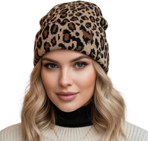 Beanie Hat for Women Men Unisex Cuffed Y2K Leopard Print Winter Knit Skull Cap Warm Knitted Cap in Kuwait