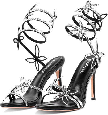 Lingxiaune Women's High Heel Sandals - Blarkling Rhinestone Floral Stletto Cheels for Party & Wedding in Saudi Arabia