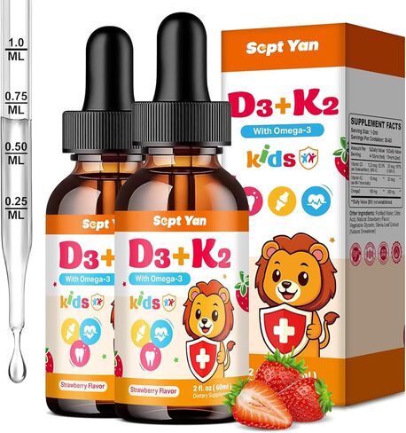 قطرات فيتامين D3 K2 للأطفال - مكمل فيتامين K2 D3 1000 وحدة دولية مع أوميغا 3، دعم العظام والمزاج والأسنان والمناعة - فيتامين D3 K2 (MK-7) قطرات سائلة للبالغين والأطفال، نكهة الفراولة الخالية من السكر 2 أونصة سائلة in Kuwait