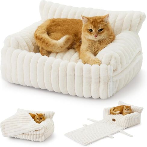 Cute Cat Bed with Removable Cover, Multifunctional Plush Faux Fur Pet Couch Bed with Blanket, Ultra-Soft Pet Furniture for Cats & Small Dogs (Cream, M: 31.5''x23.5'') in Saudi Arabia