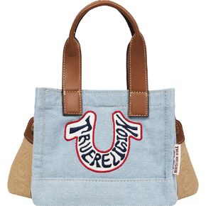 حقيبة يد صغيرة على شكل حدوة حصان من True Religion، شعار مطرز، حزام قابل للتعديل، أجزاء صلبة فضية، دينم in Saudi Arabia