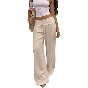 Women's Wide Leg Linen Pants Low Rise Foldover Casual Lounge Pants Vacation Trousers in Kuwait