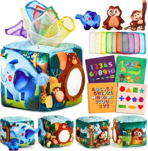 Baby Tissue Box Toy - Baby Toys 6-12 Months Montessori Toys for 6 7 8 9 12 Month Old Baby Must Haves Learning Educational Toy with Stuffed Animals Crinkle Sensory Toys for 1 Year Old Girl Boy Gifts in Saudi Arabia