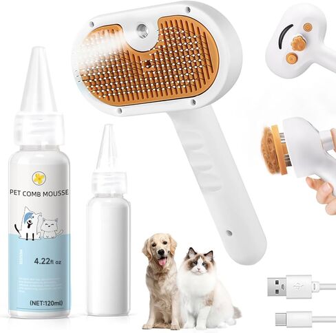 Pet Steam Brush for Dog & Cat – 3-in-1 Spray Hair Removal Comb – Steam for Shedding & Grooming – Water Brush for Long & Short Haired Pets – Spritz Defur Comb – Includes 2*Waterless Shampoo in Saudi Arabia