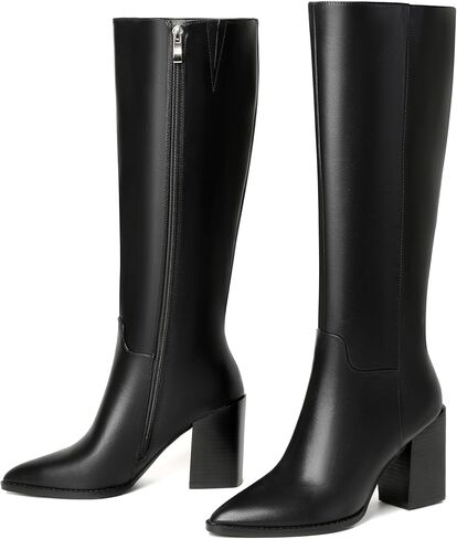 vivianly Women's Wide Knee-High Boots, Pointed Toe Block Heel Zipper, Fashion Retro High Boots in Kuwait