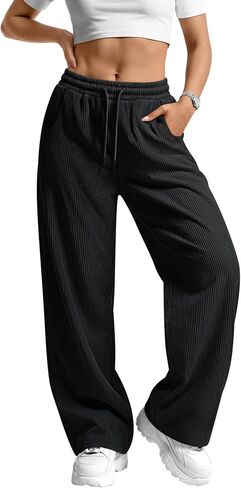 Corduroy Pants for Women Casual Drawstring High Elastic Waist Wide Leg Barrel Loose Comfy Trousers with Pockets in Saudi Arabia