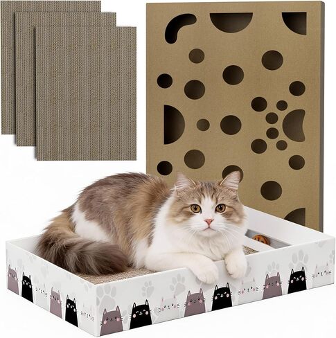 تريد أن تخدش وتلعب وتنام! سرير خدش للقطط 3 في 1 من Gworld مع لعبة كرة جرس - وسادة خدش تفاعلية للقطط للقطط الداخلية، 3 عبوات من الورق المقوى القابل للعكس بديل للخدش الحديث in Kuwait