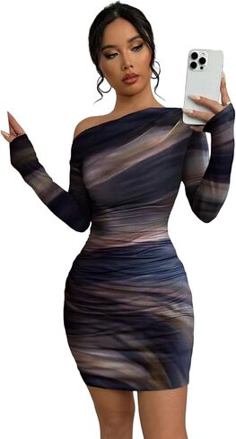 Women's Sexy Off The Shoulder Bodycon Mini Dress Tie Dye Long Sleeve Ruched Asymmetrical Club Dresses in Saudi Arabia