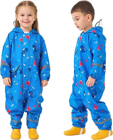 Fewlby Kids Rain Suit, Toddler Raincoats One Piece Hoodie Cartoon Rain Gear Boys Waterproof Rainwear Coveralls in Saudi Arabia