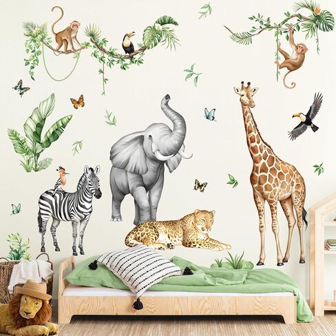 Jungle Safari Animal Wall Scals for Kids Room - Wildlife Wall Stickers Giraffe Elephant Leopard Zebra Monkey Decorder Viny Decory for Baby Choilers Classroom Playroom Wall Room in Saudi Arabia