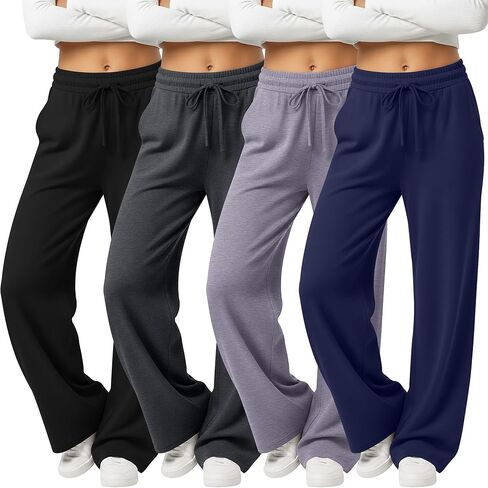 4 Pack Women's Yoga Lounge Pants Wide Leg Sweatpants Loose Jogging Pockets Drawstring Lightweight Pull on Pajamas in Saudi Arabia