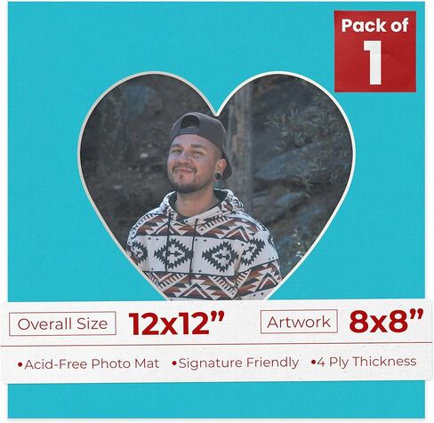 12x12 Mat Bevel Cut for 8x8 Photos - Precut Marzipan Beige Heart Shaped Photo Mat Board Opening - Acid Free Matte to Protect Your Pictures - Bevel Cut for Family Photos, Pack of 1 Matboard Show Kit in Saudi Arabia