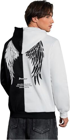 SHENHE Men's Color Block Wing Graphic Drawstring Hoodie Drop Shoulder Pullovers Streetwear in Saudi Arabia
