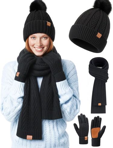 Winter Hat Scarf Gloves Set for Women Cute Warm Fleece Lined Beanie Fashionable Pom Pom Touchscreen Gloves Cold Weather Gift in Saudi Arabia