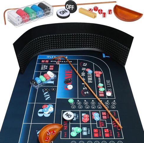 مجموعة من ألعاب Tabletop Craps مع 35*70 "Craps Rubber Tabletop Layout HAT ، 48*11" Craps Pyramid Pyramid Pumper ، 36 "عصا راتان ، زهر كازينو 19 مم ، زر ON/OFF و 100 PCS شرائح in Kuwait